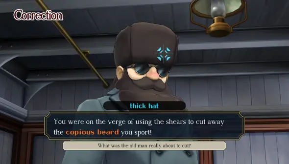 Een personage in The Great Ace Attorney Chronicles met een enorme baard en hoed, op het punt om zich te scheren.