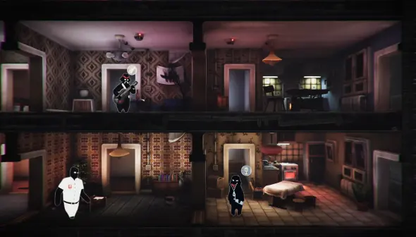 Een screenshot van Beholder 3, met een gebouw met meerdere verdiepingen en personages die door hun appartementen lopen.