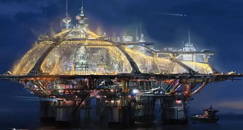 Starfield mostra il concept art di una città spaziale di lusso